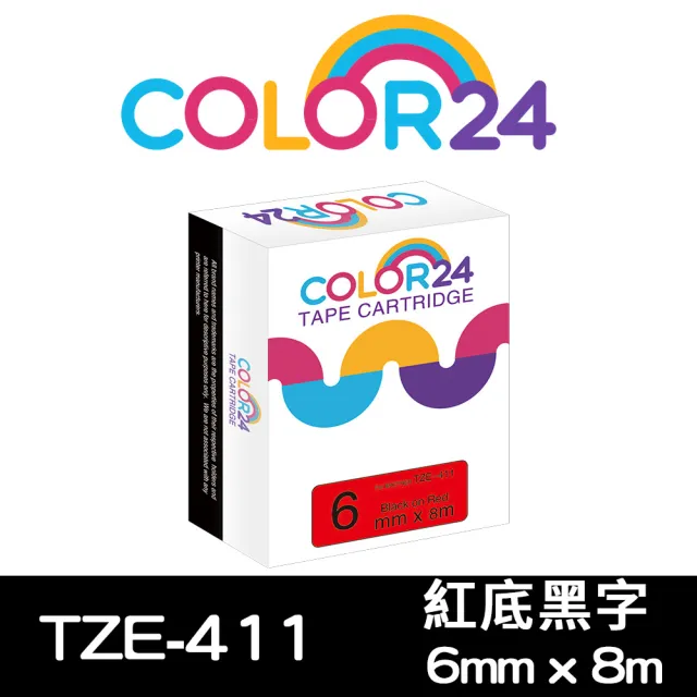 【Color24】for Brother TZ-411/TZe-411 紅底黑字 副廠 相容標籤帶_寬度6mm(適用 PT-P300BT/PT-H110)