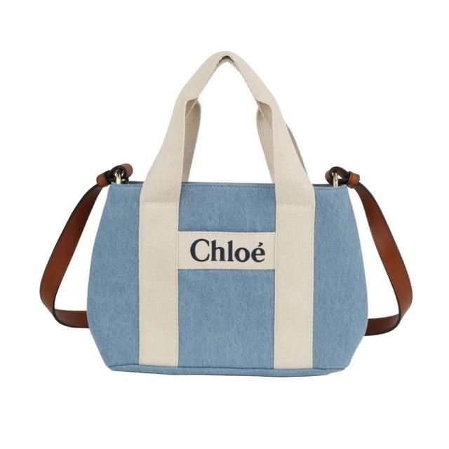 【Chloe’ 蔻依】CHC24SB200046Z10 經典LOGO帆布牛皮飾邊手提斜背包(藍色)