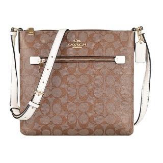 【COACH】COACH Rowan LOGO拉鍊印花PVC肩背斜揹包(卡其x粉白)