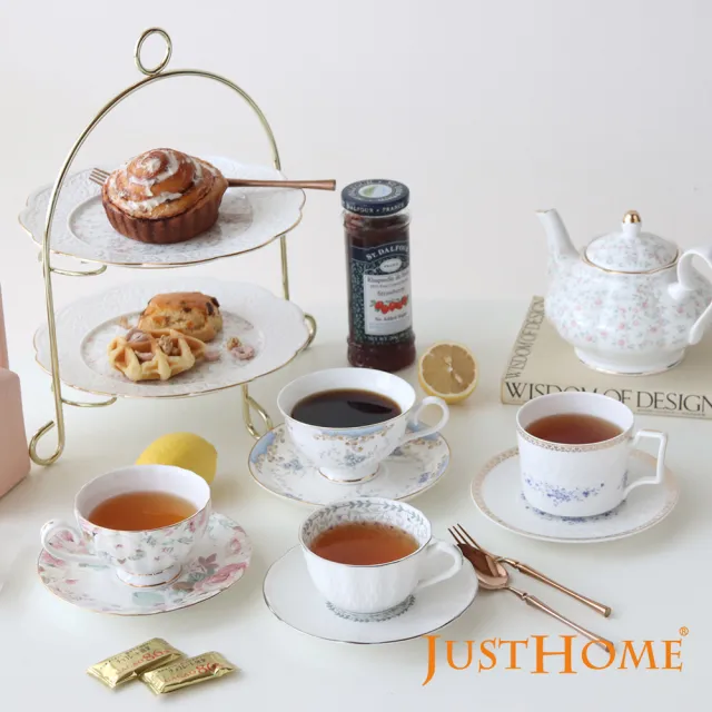 【Just Home】骨瓷咖啡杯盤12件禮盒組附收納架(多款花色可選)