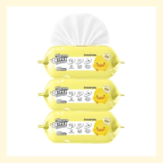 【Piyo Piyo 黃色小鴨】嬰兒濕紙巾(80抽3包 EDI純水  加蓋不連 抽 德國敏感肌認證 寶寶濕巾 台灣製)