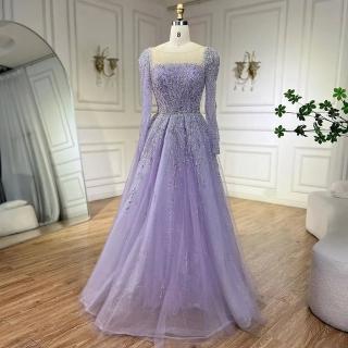 【女神婚紗禮服】優雅氣質串珠公主泡泡長袖方領背後綁帶A字晚禮服LA71915丁香紫(選美宴會敬酒 高階晚禮服)