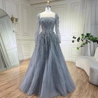 【女神婚紗禮服】優雅氣質串珠公主泡泡長袖方領背後綁帶A字晚禮服LA71915貴族灰(選美宴會敬酒 高階晚禮服)