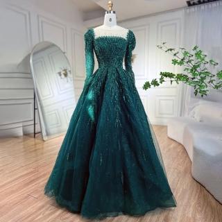 【女神婚紗禮服】優雅氣質串珠公主泡泡長袖方領背後綁帶A字晚禮服LA71915叢林綠(選美宴會敬酒 高階晚禮服)