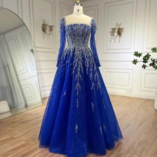 【女神婚紗禮服】優雅氣質串珠公主泡泡長袖方領背後綁帶A字晚禮服LA71915皇家藍(選美宴會敬酒 高階晚禮服)