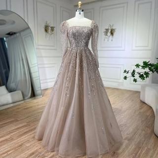 【女神婚紗禮服】優雅氣質串珠公主泡泡長袖方領背後綁帶A字晚禮服LA71915淺焦糖(選美宴會敬酒 高階晚禮服)