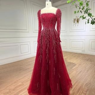 【女神婚紗禮服】優雅氣質串珠公主泡泡長袖方領背後綁帶A字晚禮服LA71915熱情紅(選美宴會敬酒 高階晚禮服)