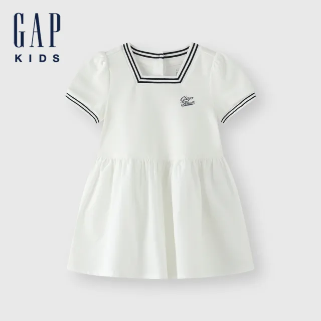 【GAP】女幼童裝 Logo印花方領短袖洋裝-白色(466153)