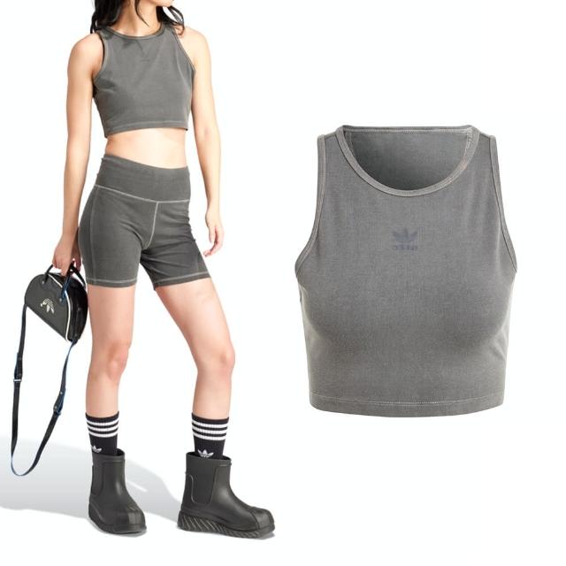 【adidas 愛迪達】ESS+ CROP Tank 女款 水洗灰色 運動 休閒 舒適 訓練 削肩 背心 IU2709