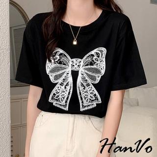 【HanVo】現貨 復古蕾絲蝴蝶結印花T恤(純棉吸濕排汗百搭上衣 韓系女裝 女生衣著 A01-0244)