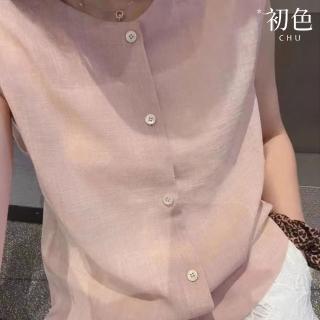 【初色】亞麻風圓領單排釦無袖馬甲背心女外套-共2色-35117(M-2XL可選)