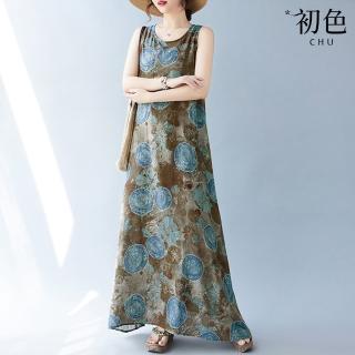 【初色】波西米亞風花朵印花薄款無袖圓領長裙連衣裙連身洋裝長洋裝-藍色-35161(M-2XL可選)