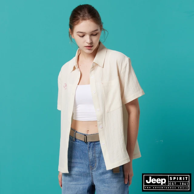 【JEEP】女裝 跳色刺繡紋理短袖襯衫(米白)