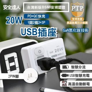 【安全達人】氮化鎵GaN 1開2插2+3P 20W USB超級閃充壁插(R-81PLC)