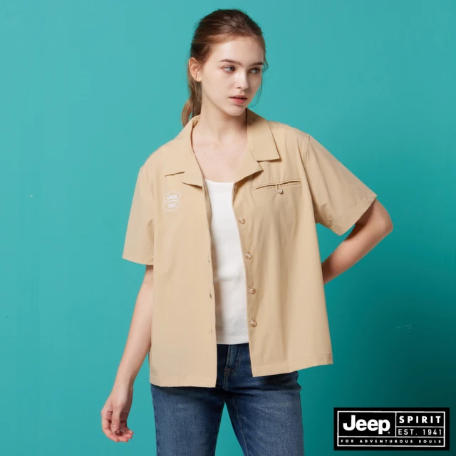 【JEEP】女裝 百搭素色古巴領短袖襯衫(卡其)