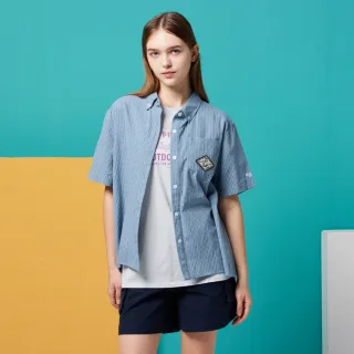 【JEEP】女裝 品牌貼布繡細格紋短袖襯衫(藍)