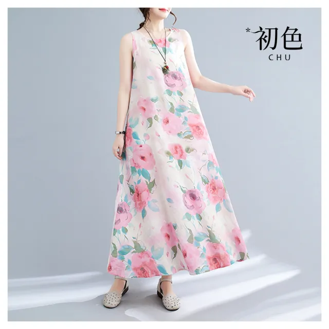 【初色】波西米亞風印花無袖圓領長裙連衣裙連身洋裝長洋裝-粉色-35154(M-2XL可選)