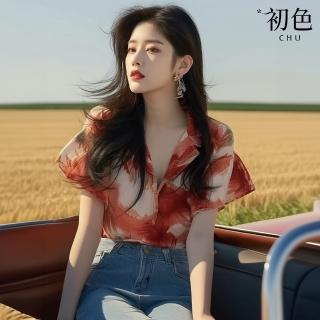 【初色】法式渲染印花翻領V領短袖襯衫上衣女上衣-紅色-35058(M-3XL可選)