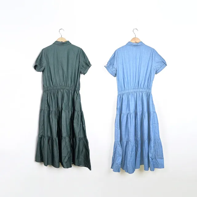 【CUMAR】襯衫領鬆緊腰蛋糕層次短袖長洋裝(藍 綠)