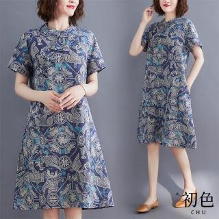 【初色】印花短袖立領改良式旗袍連衣裙連身洋裝-藍色-35187(M-2XL可選)