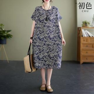 【初色】復古民族風文藝印花寬鬆透氣大碼休閒圓領短袖連衣裙洋裝-藏青色-35190(F可選)