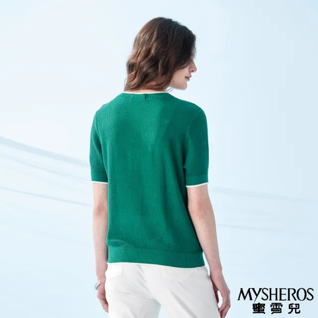 【MYSHEROS 蜜雪兒】針織造型上衣 蕾絲蝴蝶結珍珠裝飾(綠)