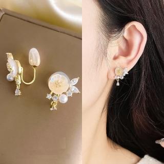 【Emi 艾迷】玫瑰花束鋯石珍珠 耳環 耳夾 無耳洞 夾式耳環 無痛耳夾 蚊香盤耳夾