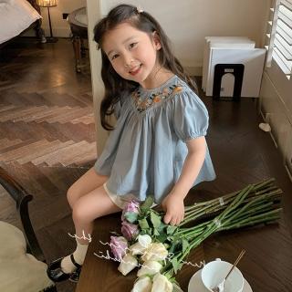 【MANI 瑪尼】童裝女童泡泡袖刺繡套裝夏季藍上衣白短褲(兒童夏季短袖套裝泡泡袖)