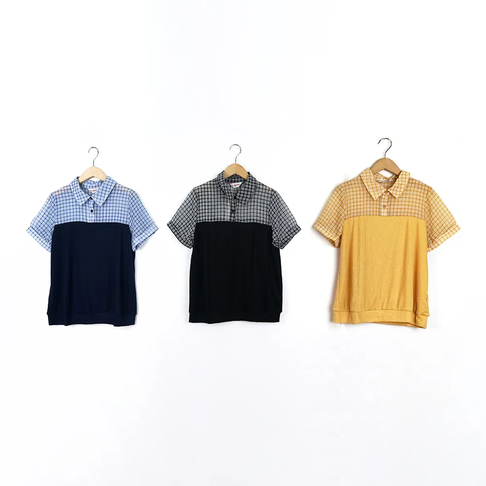 【CUMAR】格紋襯衫領拼接坑條短袖上衣(藍 黑 黃/魅力商品)