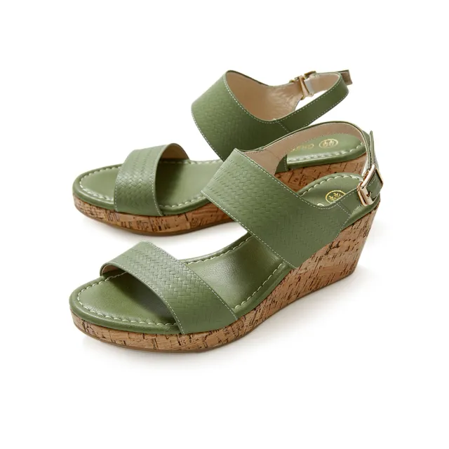 【GREEN PINE】MIT職人真皮編織壓紋厚底楔型涼拖鞋綠色(00419235)