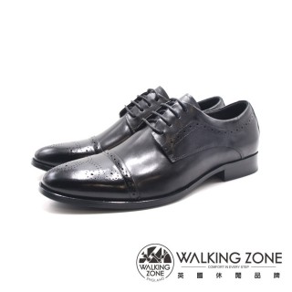 【WALKING ZONE】男 質感藍底一字壓紋雕花商務皮鞋 男鞋(黑色)