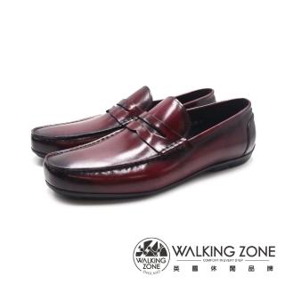 【WALKING ZONE】男 圓頭軟彈力舒適樂福皮鞋 男鞋(酒紅色)