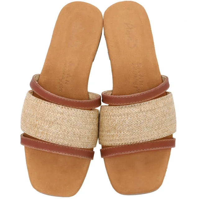 【Ann’S】水洗牛皮-小清新麻料木紋跟方頭涼拖鞋(棕)