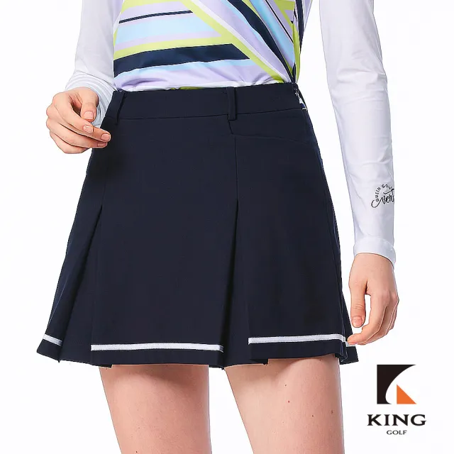 【KING GOLF】實體同步款-女款雙色百摺白線滾邊設計素面修身A LINE短裙/高爾夫球裙(深藍色)