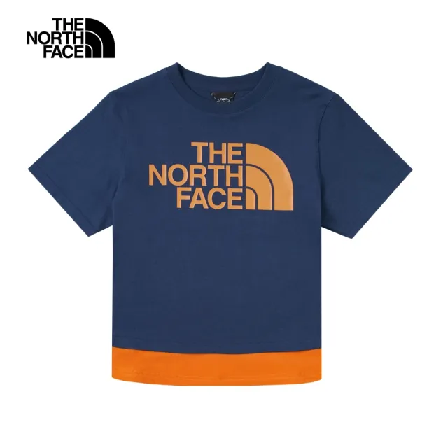 【The North Face】北面UE女款藍橘拼接大尺寸品牌LOGO短袖T恤｜886H8K2