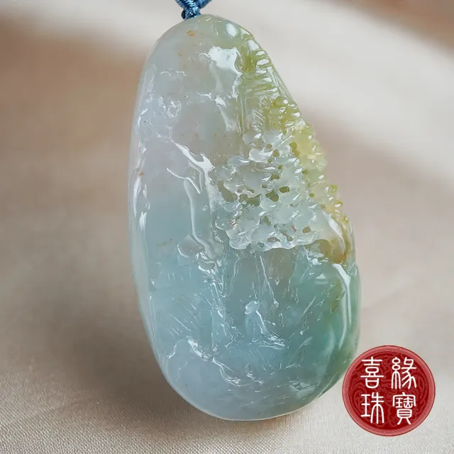 【喜緣玉品】天然冰彩翡翠藍色山水牌(松柏長青)