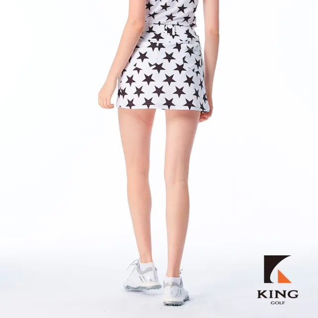 【KING GOLF】實體同步款-女款滿版大星星印花個性鉚釘修身A LINE短裙/高爾夫球裙(白色)