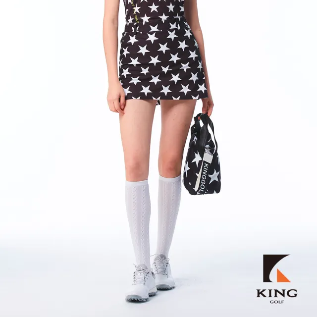 【KING GOLF】實體同步款-女款滿版大星星印花個性鉚釘修身A LINE短裙/高爾夫球裙(黑色)