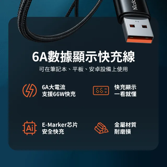 【Mcdodo】慧眼系列 數顯快充傳輸線 6A USB to Type-C(Android 手機快速充電線 支援電腦轉接)