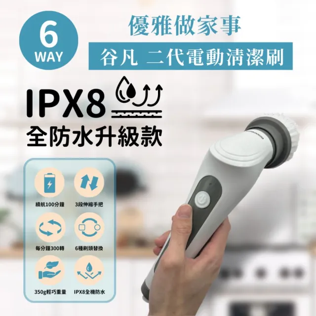 【GOOFINDS 谷凡】「IPX8全防水」電動清潔刷(刷地板/刷浴室/刷磁磚/刷瓦斯爐/刷浴缸)