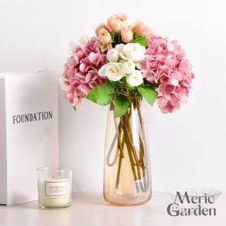 【Meric Garden】模擬絢爛粉白繡球玫瑰花藝花瓶組(花束 禮物 居家裝飾 情人節 擺設)