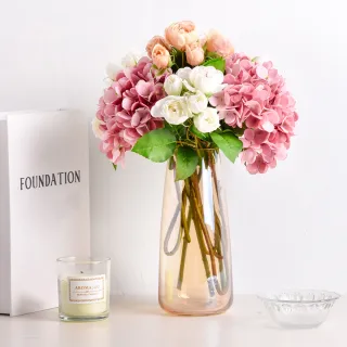 【Meric Garden】仿真絢爛粉白繡球玫瑰花藝花瓶組(花束 禮物 居家裝飾 情人節 擺設)