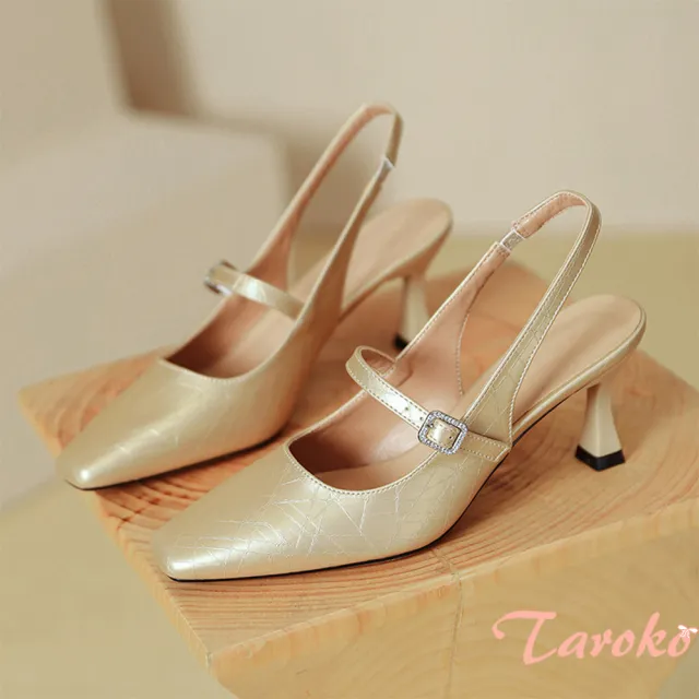 【Taroko】法式石紋方頭皮革後空細跟涼鞋(3色可選)