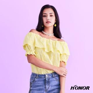 【HONOR 山形屋】一字荷葉領繡花抓皺束袖上衣-黃/白