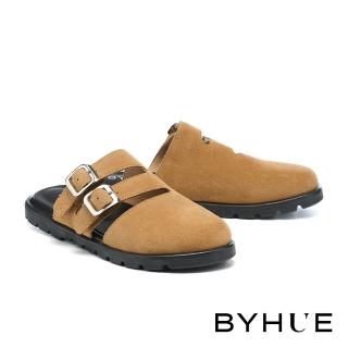 【BYHUE】舒適中性調方釦牛麂皮軟芯厚底休閒穆勒拖鞋(棕)