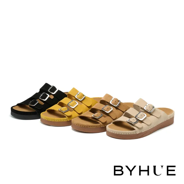 【BYHUE】日常百搭方釦多寬帶牛麂皮軟芯厚底拖鞋(黃)