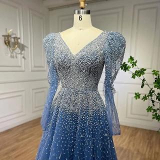 【女神婚紗禮服】極致奢華復古公主泡泡肩長袖A字晚禮服LA71762漸層藍V領(選美宴會敬酒 高階晚禮服)