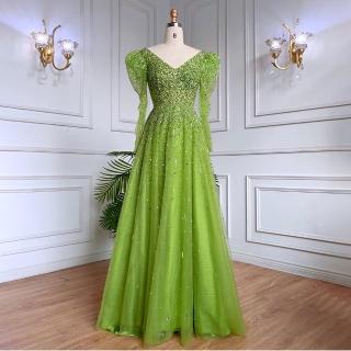 【女神婚紗禮服】極致奢華亮片公主泡泡肩長袖宴會晚禮服LA71762綠色V領(宴會敬酒主持人 選美表演禮服)