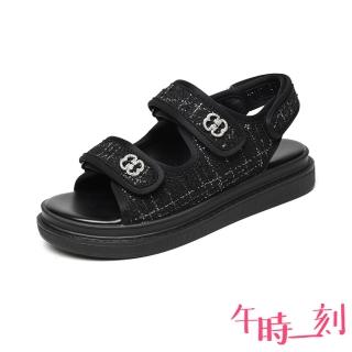 【午時一刻】厚底涼鞋 格紋涼鞋/復古格紋魔鬼粘百搭舒適厚底涼鞋(黑)