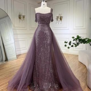 【女神婚紗禮服】輕奢亮片串珠一字單肩無袖紗罩魚尾修身晚禮服LA72453神秘紫(選美宴會敬酒 高階晚禮服)